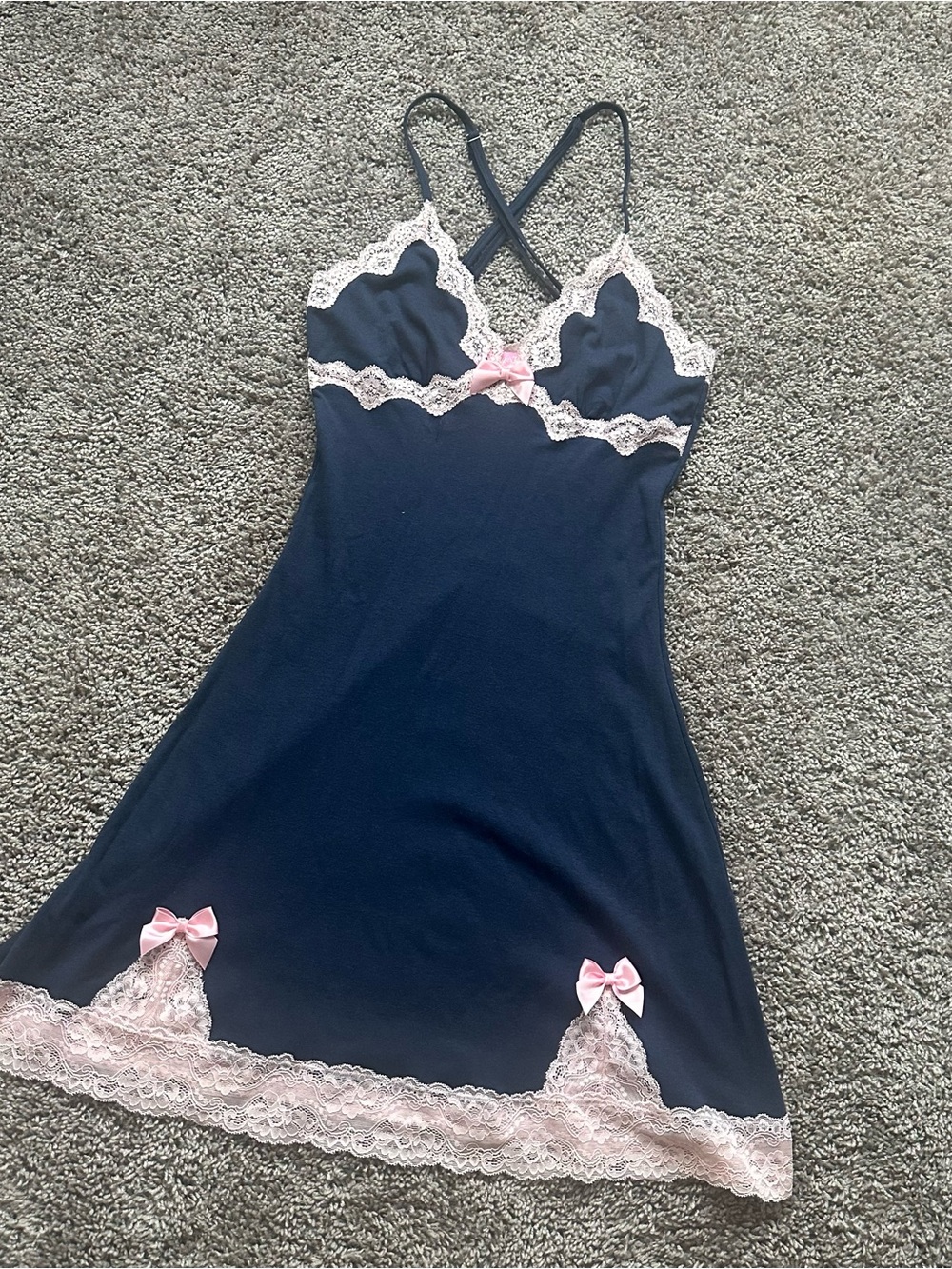 Sugar Thrillz Navy Slip Dress with Pink Lace Trim - Picture 2 of 5